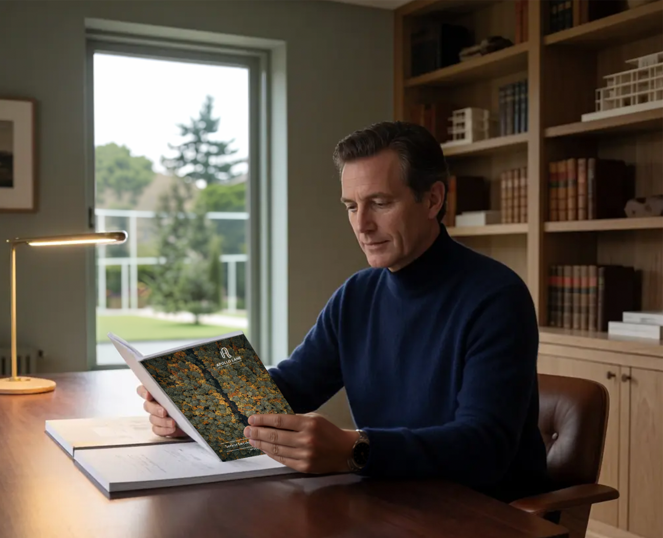 Ondernemer bekijkt de brochure van Apollo Lane in zijn werkkamer