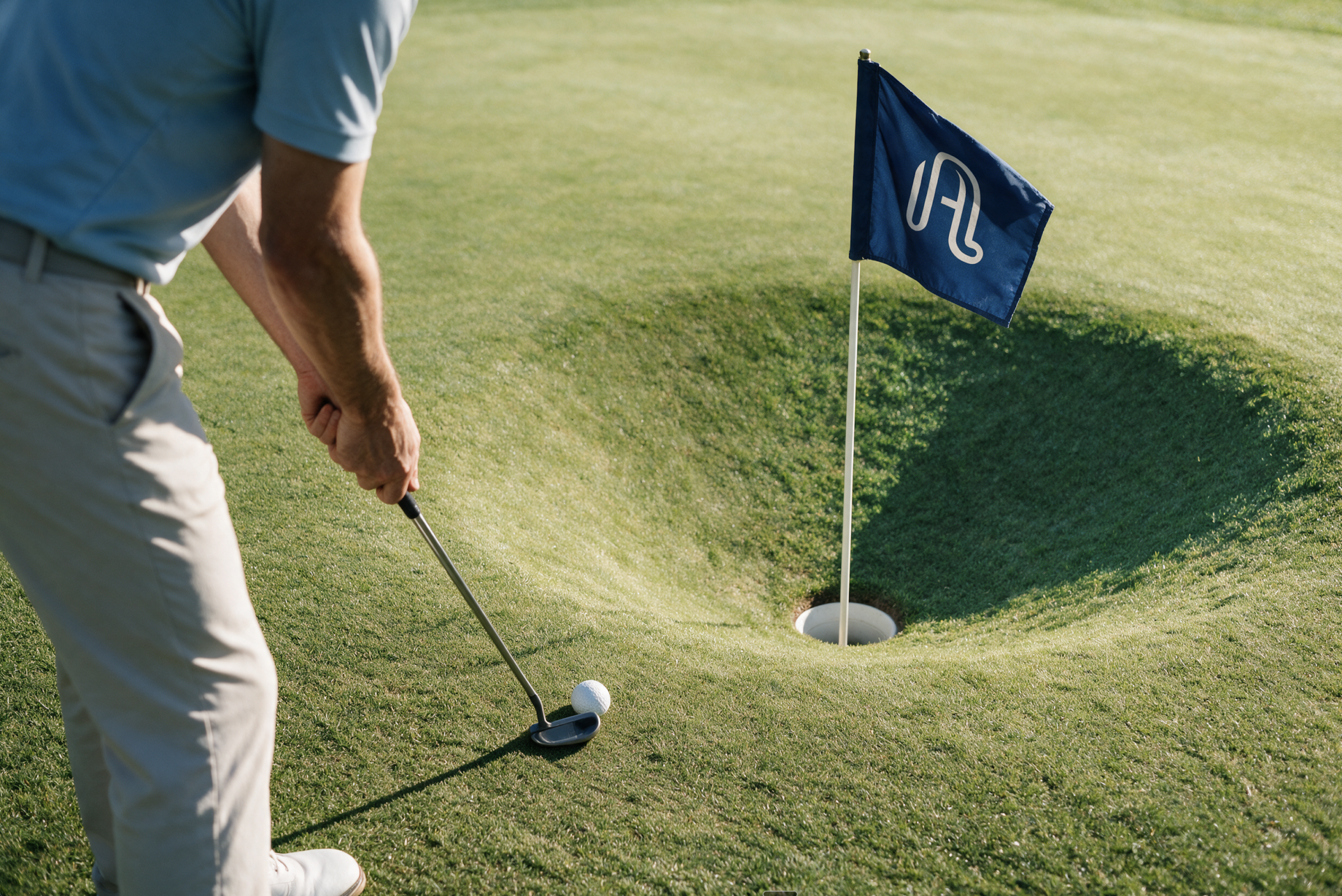 Golfer plaatst de vlag met het logo van Apollo Lane terug in de hole